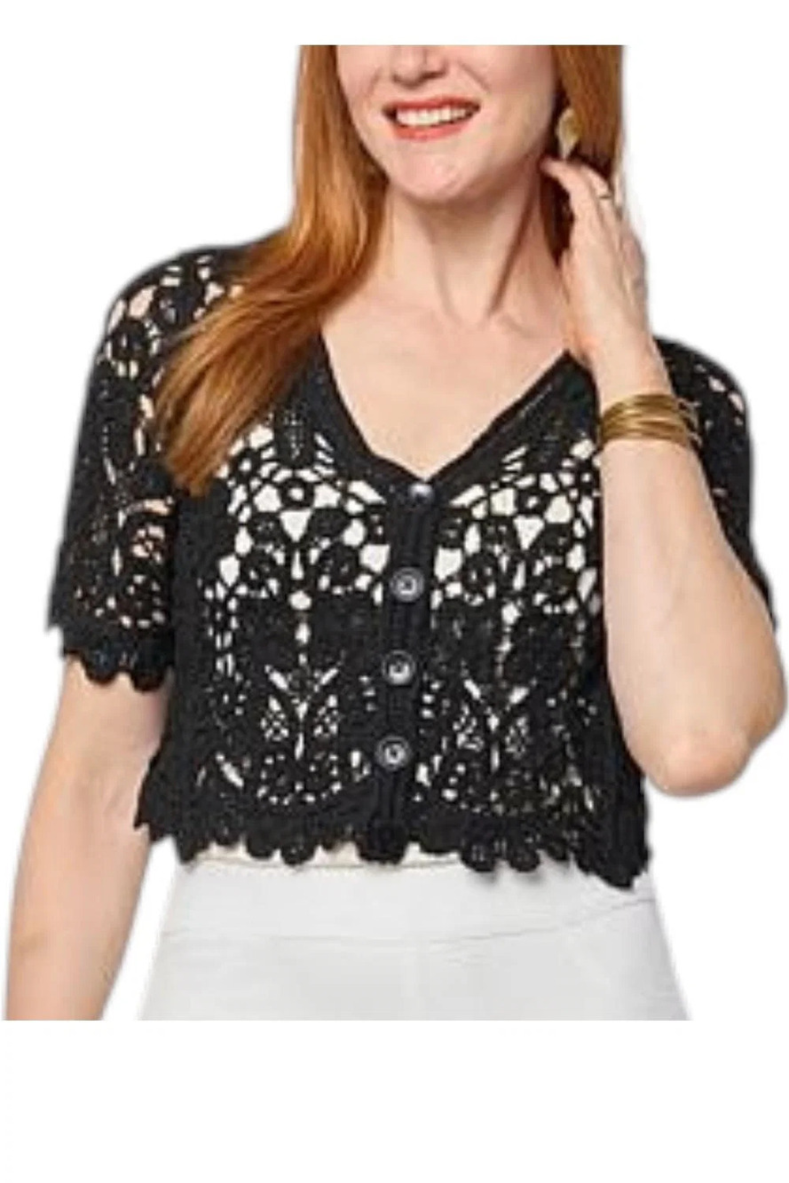 Nina Leonard Women's Open Crochet Elbow-Sleeve Bolero Top Black - Regular